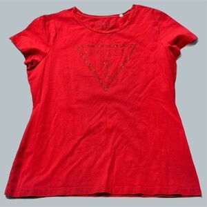 GUESS Women's Red XL T-Shirt Rhinestone round neck triangle logo y2k 2000s